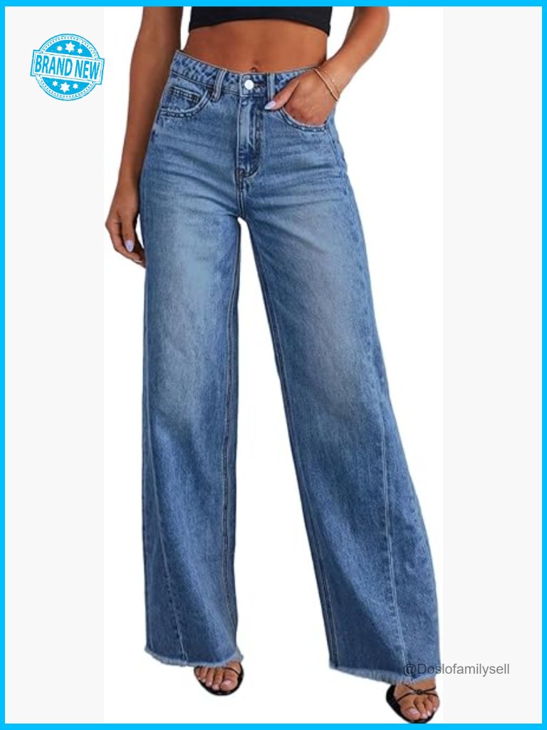 Wide Leg Jeans High Waisted Stretchy Raw Hem Denim Pants Y2k Baggy